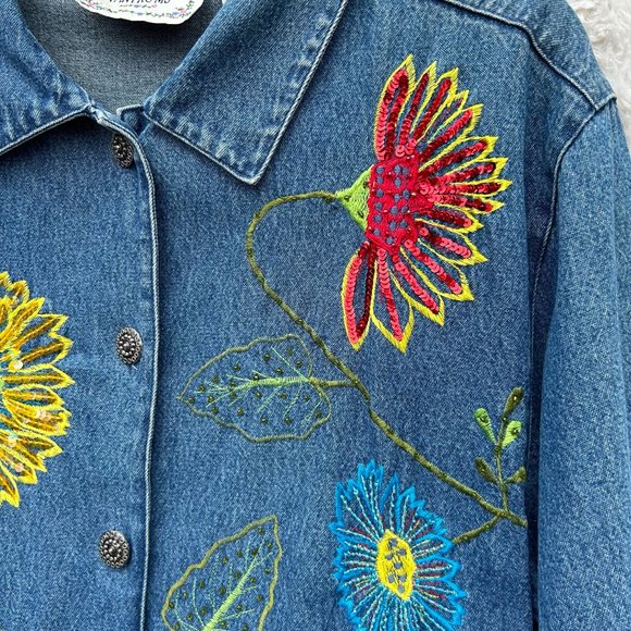 Tantrums Denim Jacket Embroidered Floral Sequin Button Up Medium - Picture 3 of 9